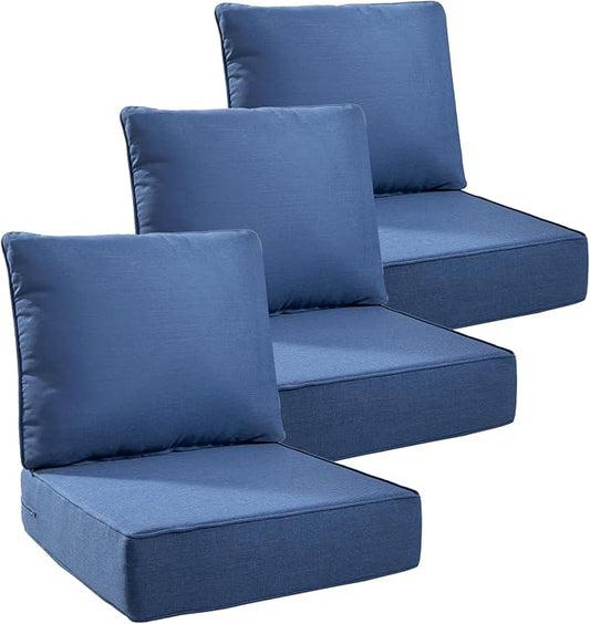 Luxury 6" Outdoor Cushions for Patio Furniture, 24x24x6 Thick Seat Cushion Set of 3, Fade Resistant Couch Chair Replacement Cushions High Density Deep Wicker Chair Cushion w/Removable Cover, Blue