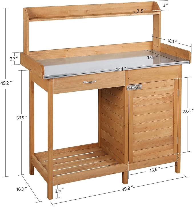 Yaheetech Outdoor Garden Potting Bench Table Work Bench Metal Tabletop W/Cabinet Drawer Open Shelf Natural Wood