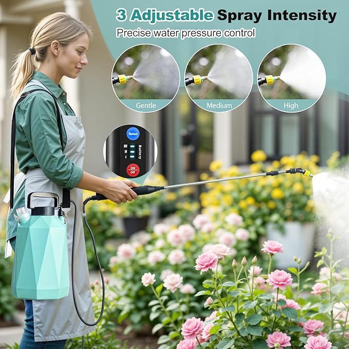 Battery Powered Sprayer 1.35Gallon/5L, 2025 Upgraded Electric Sprayer in Lawn and Garden with 3 Adjustable Force, Battery Indicator, Rechargeable Handle, Telescopic Wand,3 Mist Nozzles,Shoulder Strap