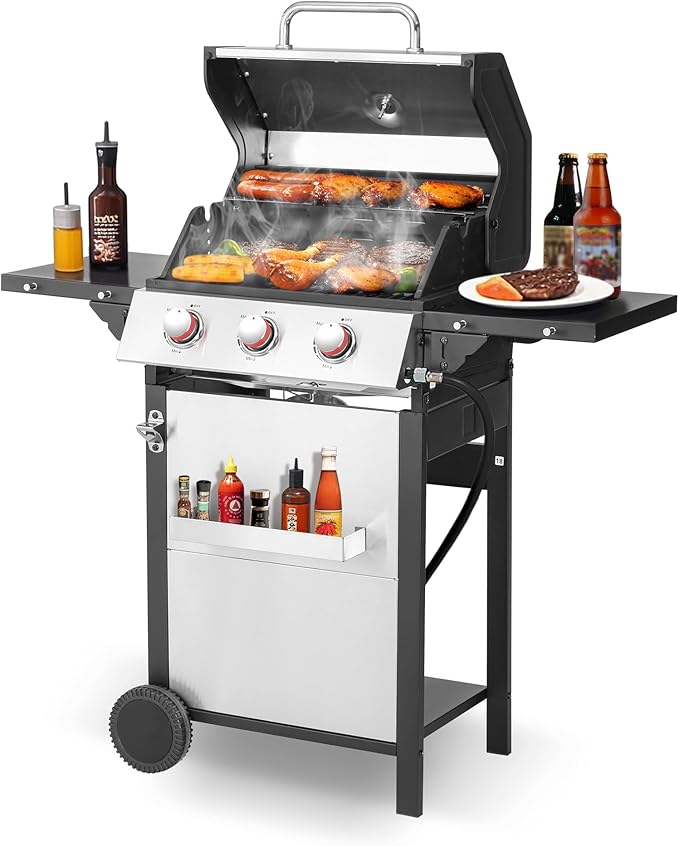 3-Burner Propane Gas Grill with 2 Foldable Side Tables, 30,000 BTU Outdoor BBQ Stainless Steel Grill with Porcelain-Enameled Cast Iron Grates and Thermometer, Easy Assembly for Patio, Backyard BBQ