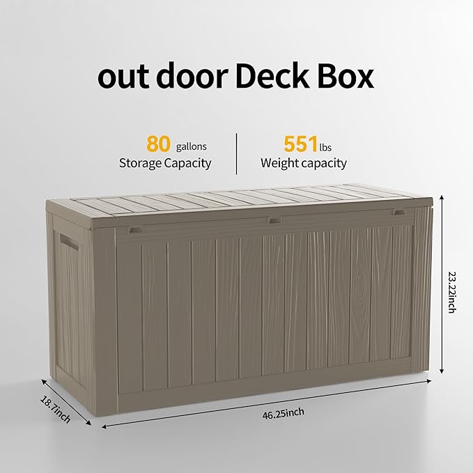 80GAL Brown Outdoor Deck Box with Lockable Compartment - Waterproof, SGS - Tested UV Resistance, Ample Space for Patio Furniture Covers and Outdoor Toys, Simple Setup