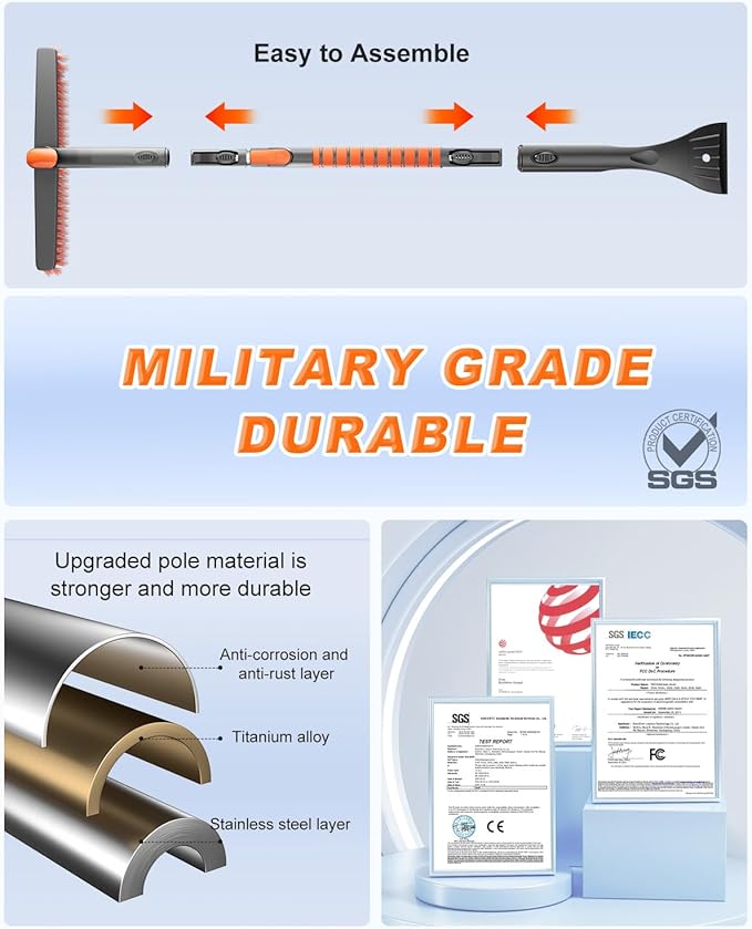 [Upgrade] Ice Scraper & Extendable Snow Brush for Car Windshield [Military-Grade Sturdy] - 360° Pivoting Brush Head with Silicone Grip for Effortless One-Swipe Clean on Auto (Large)