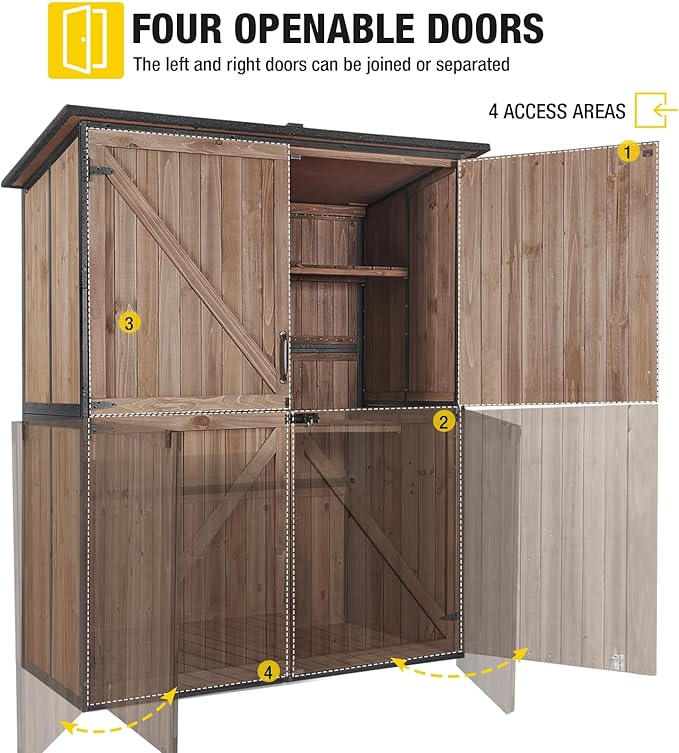 Aivituvin Storage Shed Outdoor Storage Cabinet Upgraded with All Arounded Metal Frame, Wooden Floor and Adjustable Shevels 55" L x 29" W x 67" H, Dark Brown