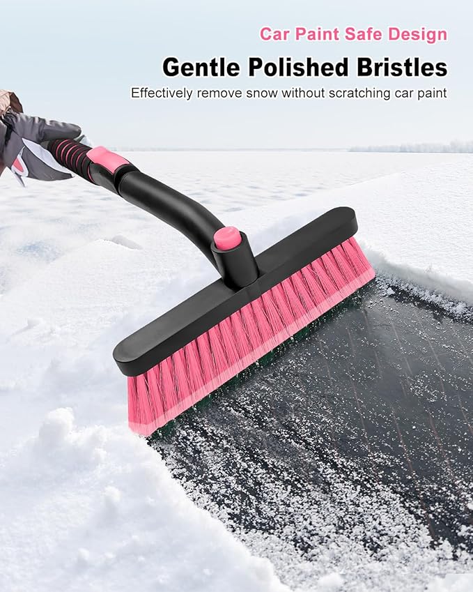 SEAAES Ice Scraper with Snow Brush for Car Windshield, Upgraded Extendable Snow Brush with Foam Grip for Truck SUV Vehicle Windows - Pink