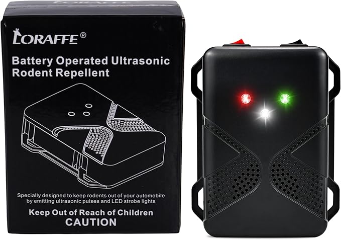 Ultrasonic Rodent Repellent for Car Engine – Battery Powered Under Hood Mouse Repeller with Flashing Strobe Light, Keeps Rats and Mice Away from Vehicle, Automobile, Truck, Garage, Attic, Barn, Shed