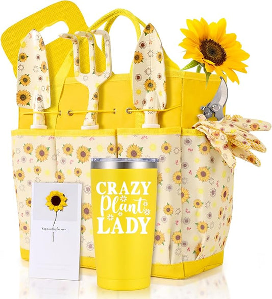 Gardening Gifts for Women, Gardening Tools for Women, 9 PCS Sunflower Garden Tools Set Kit with Garden Tool Bag, for Gardener Mom Grandma Aunt, Yellow