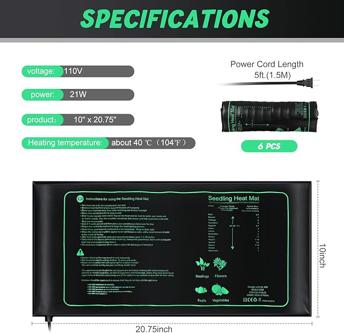 ROCEEI 6 Pack Durable Seedling Heat Mat 10 x 20.75 Waterproof Plant Heating Pad Warm Hydroponic Grow Mat for Greenhouse Grow Seed Starting Plant Germination (Black,Green)