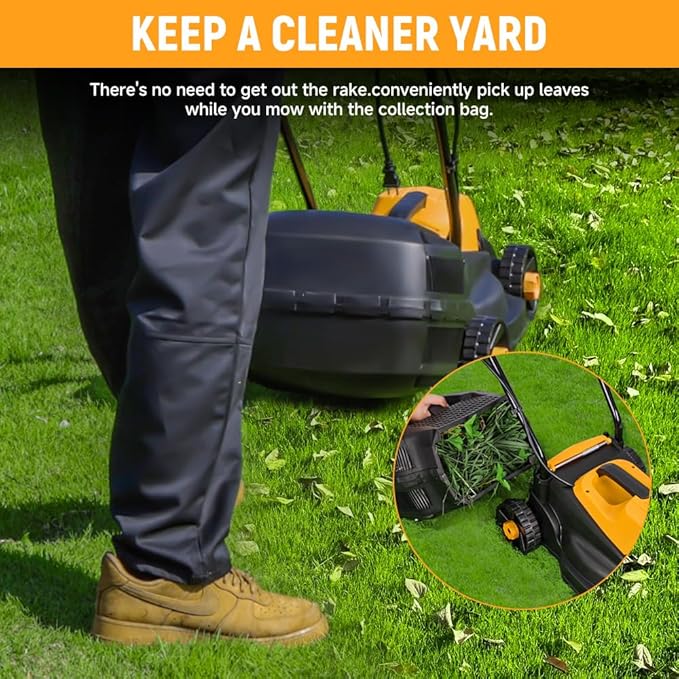 Hoteche 10-Amp Corded Electric Lawn Mower - 12.6 Inch Cutting Width, 30L Grass Bag, 3 Height Adjustments (1"-2.2"), Lightweight Walk-Behind Mower for Small/Medium Lawns (Easy Push Design)