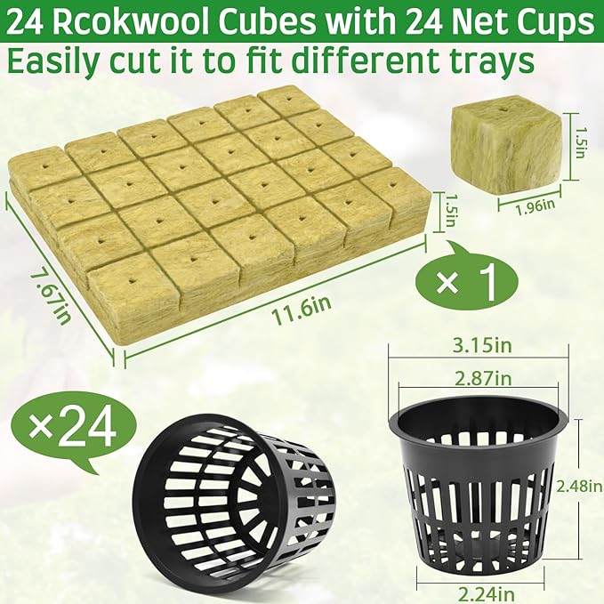 Halatool 24 x 2-Inch Rockwool Cubes & 24 x 3-Inch Net Cups - Hydroponics Starter Kit for Plants Cloning, Seed Starting, and Patio Gardening - Durable, Effective, Great Gift Option