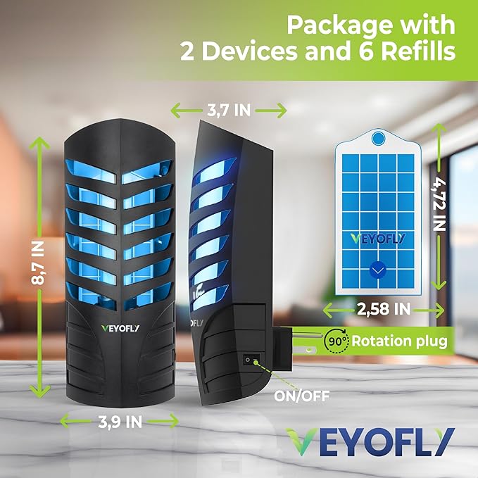 VEYOFLY Fruit Fly Traps for Indoors, Fly Trap Indoor, (2 Device + 6 Refills) Fly Catcher Indoor, Gnat Traps for House Indoor, Fly Trap, Plug in Light Flying Insect Trap, Bug Killer