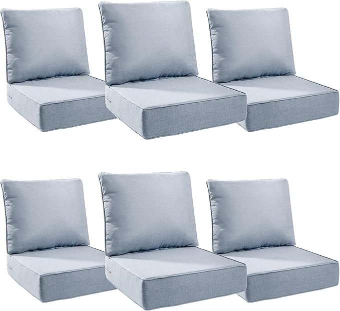 Luxury 6" Outdoor Cushions for Patio Furniture, 24x24x6 Thick Seat Cushion Set of 6, Fade Resistant Couch Chair Replacement Cushions High Density Wicker Chair Cushion w/Removable Cover Baby Blue