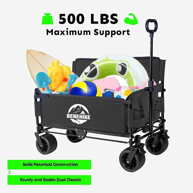 3-in-1 Large Collapsible Folding Wagon, BENEHIKE Foldable Beach Wagon with Rotated Wheels, 500lbs/225L Outdoor Utility Wagon Convert to Bench for Sand, Groceries, Camping, Sports, Shopping (Black)