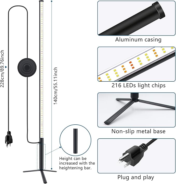 Standing Grow Lights for Indoor Plants Full Spectrum with 42W, 216 LEDs & 4ft Height,T10 Vertical Tall Plant Lights with On/Off Switch and Tripod Floor Stand for Large House Plants Growing