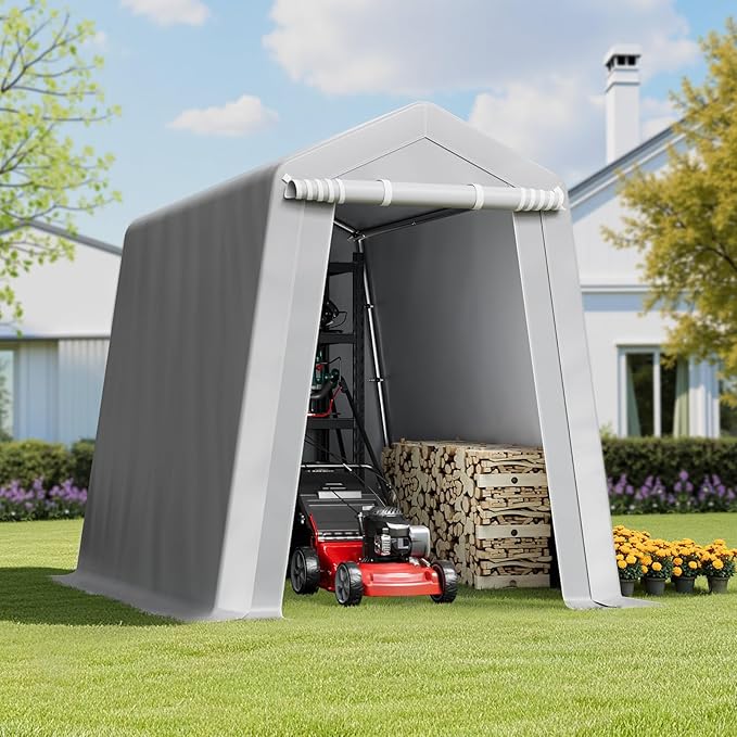 VEVOR 6x8x7 FT Portable Outdoor Storage Shed, Heavy-Duty Waterproof Shelter with Roll-Up Zipper Door & Vents, UV-Resistant Carport for Motorcycle, Bike, Lawn Mower, Tools, Gray