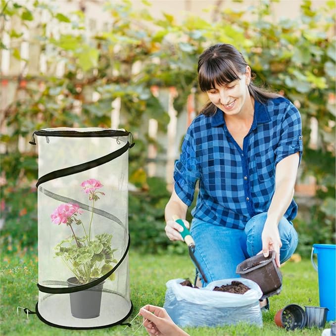 4 Pack Pop Up Plant Covers from Animals, 12"x 24"Round Foldable Insect Barrier Net Garden Plant Protectors with Stakes & Zipper, Bird Protection for Outdoor Vegetables Flowers Fruits Plants