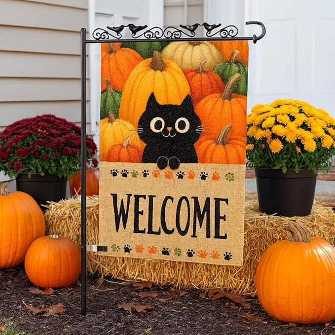 Halloween Garden Flag – Black Cat Pumpkin Patch Welcome Flag, 12x18 Double Sided Burlap Halloween Yard Flag for Outside, Seasonal Fall Outdoor Decoration, Weatherproof