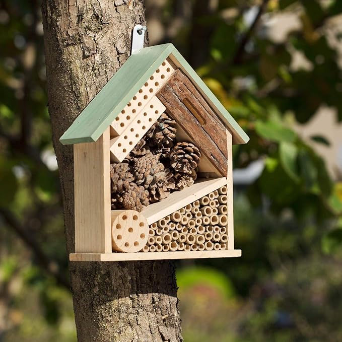Wooden Multi Habitat Insect House Outdoor Garden Decorative Wooden Insect Hotels for Bee, Butterfly and Beetle Tree of Life Light Green Bee House
