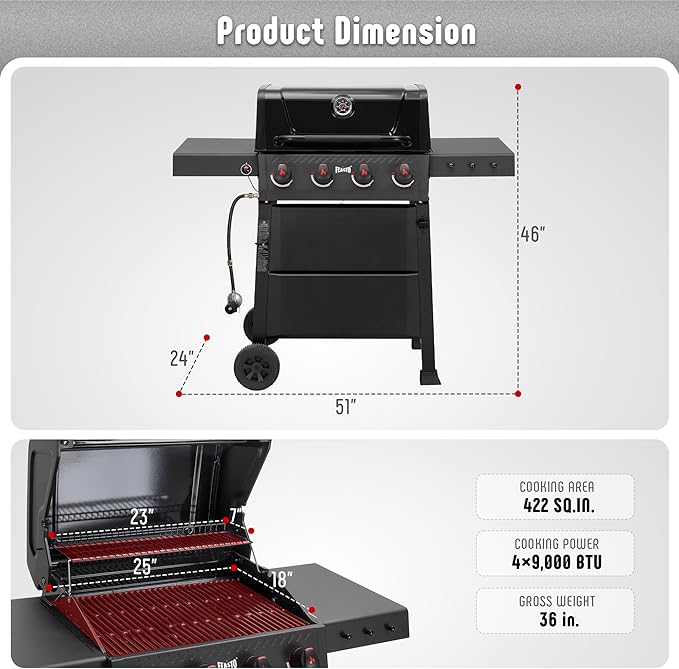 4 Burner Gas Grill, 36,000 BTU Outdoor BBQ Grill with Side Table for Outdoor Cooking & Backyard Barbecue, Premium Enameled Coated Chamber Body with Porcelain-Enameled Grates, Black