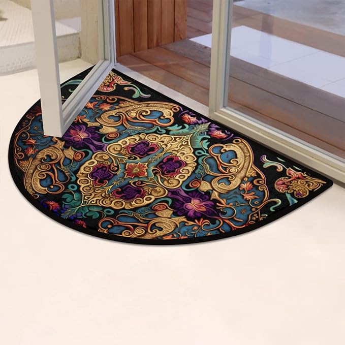 cfpolar Ethnic Half Round Door Mat, Vintage European Style Semicircle Welcome Mat, Non Slip Area Rug Soft Doormat for Front Door Indoor Entrance Wear Resistant for Garage Patio Home 24 x 36 in