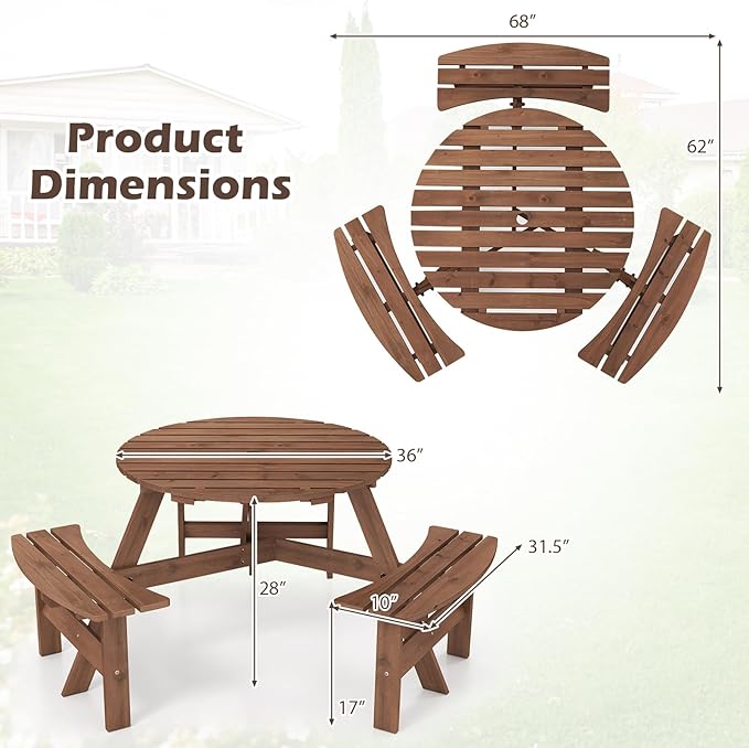 Giantex 6-Person Round Picnic Table Set with 3 Benches, 550 LBS Bench Capacity, 2" Umbrella Hole, Circular Outdoor Wood Dining Table & Chairs for Patio Yard Garden Porch Deck (68”x62”x28”,Brown)