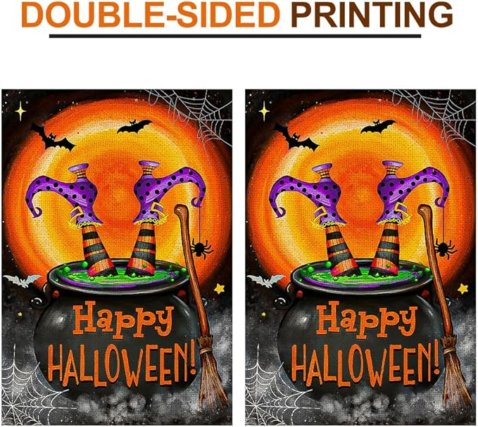 Happy Halloween Garden Flags for Outside 12x18 Inch Double Sided Burlap, Spooky Ghost Bat Sign Small Flag Farmhouse Holiday Yard Outdoor Decorations DF857