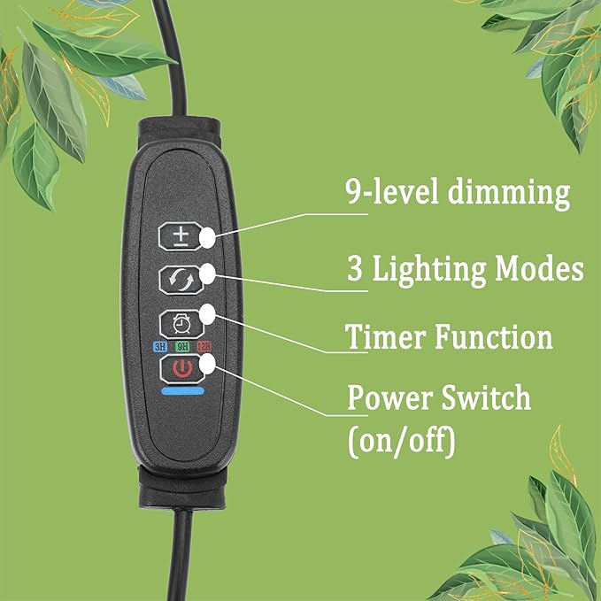 Full Spectrum Grow Lights for Indoor 6000K White Red LEDs, 9-Level Dimmable Indoor Plant Growing Light for Seed Starting, Auto on/Off Clip Plant Grow Lamp, 3/9/12H Timer, 2packs
