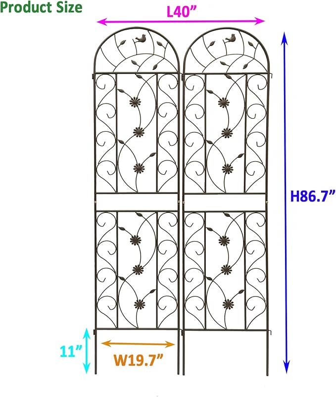 2 Pack Metal Garden Trellis for Climbing Plant Rose Stand, Brown Outdoor 86.7'' Tall Flower Support Iron Garden Fence, Brown