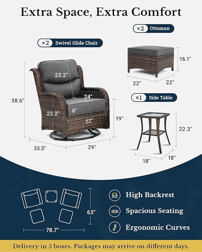 HILLGA Luxury Outdoor Swivel Rocker Patio Chairs of 2 with 6 Inch Thick Cushions and Side Table, Swivel Outdoor Chairs 5PCS High Back Wicker Patio Furniture Set for Porch, Balcony, Deck in Dark Grey