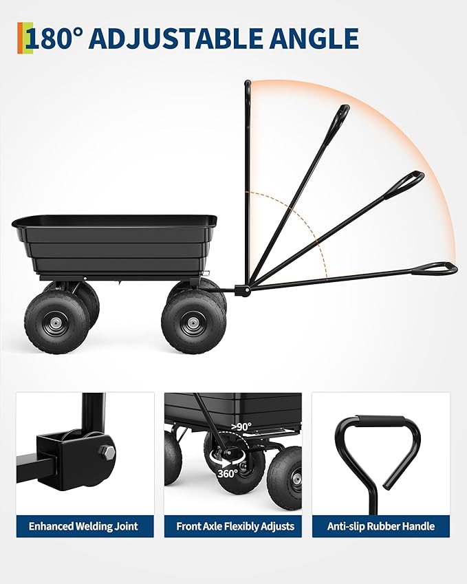 Poly Dump Cart - Heavy Duty 600lbs Garden Cart with Quick-Release Dumping & No-Flat 10" Tires, Utility Wagon for Yard Work, Landscaping, Gardening