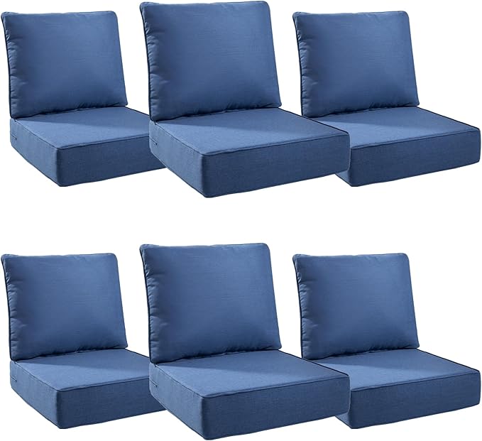 Luxury 6" Outdoor Cushions for Patio Furniture, 24x24x6 Thick Seat Cushion Set of 6, Fade Resistant Couch Chair Replacement Cushions High Density Deep Wicker Chair Cushion w/Removable Cover, Blue