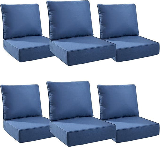 Luxury 6" Outdoor Cushions for Patio Furniture, 24x24x6 Thick Seat Cushion Set of 6, Fade Resistant Couch Chair Replacement Cushions High Density Deep Wicker Chair Cushion w/Removable Cover, Blue