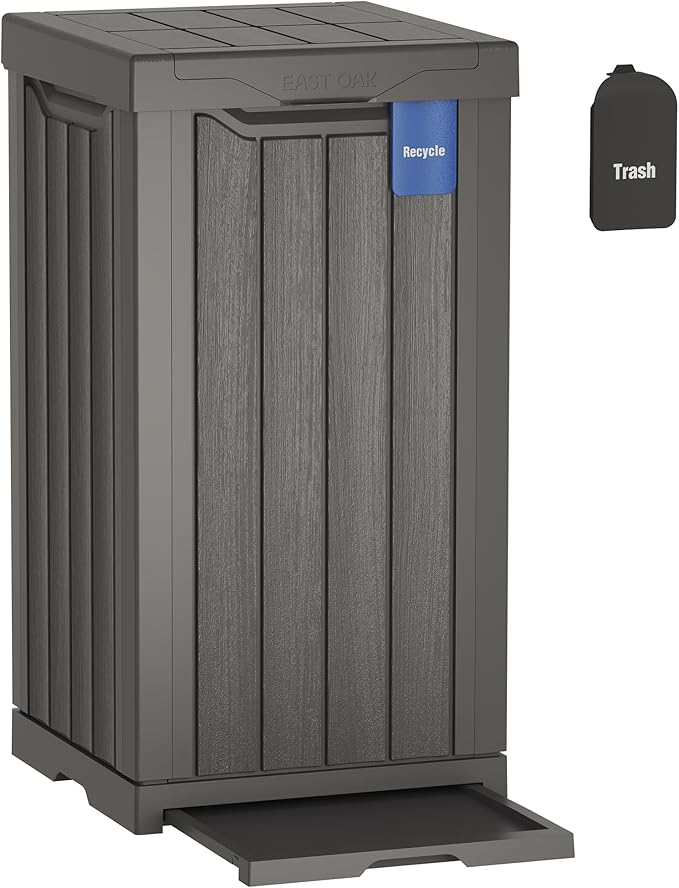 EAST OAK 31 Gallon Outdoor Trash Can | Waterproof Resin Garbage Can with Recycle and Garbage Labels | Secure Bag Lip Lock and Drip Tray | Outside Trash Bin for Patio | Kitchen, Backyard or Deck | Gray