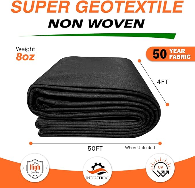 8oz 4FTx50FT Non Woven Geotextile Fabric for French Drains, Landscaping, Underlayment, Weed Control, Construction, Erosion Control