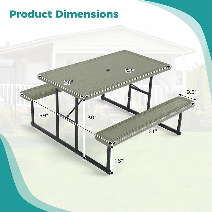Giantex Picnic Table Bench Set for 4 People, 4.5FT Outdoor Rectangular Dining Table & 2 Benches w/Umbrella Hole, HDPE Tabletop, Metal Frame, Patio Garden Backyard Poolside (4.5FT,Non-Foldable,Green)