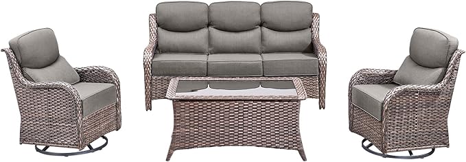 Luxury High Back Outdoor Furniture with 6-Inch Thick Cushions, Patio Furniture Set with Swivel Chairs, 4 PCS Wicker Conversation Set for Porch, Balcony, Deck and Yard
