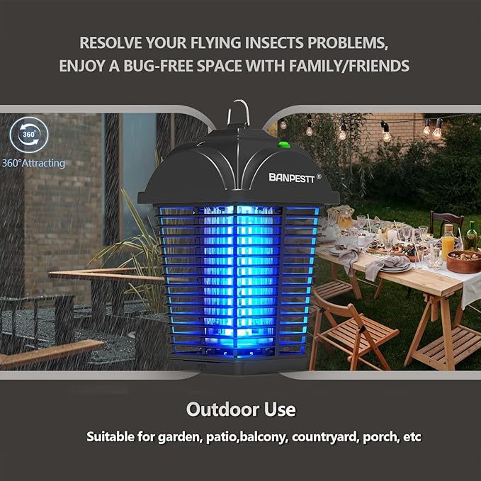 BANPESTT Bug Zapper Outdoor, Mosquito Zapper with Dusk-to-Dawn Light Sensor, Waterproof Fly Zapper, Electric Mosquito Killer for Garden, Patio, Balcony, Courtyard(Black