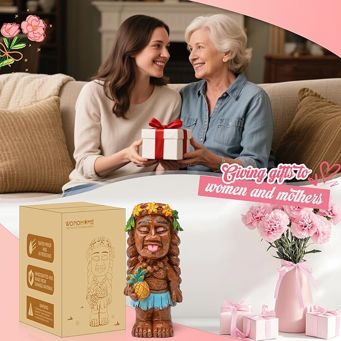 Solar Tiki Girl Garden Statue Tiki Lady Holding Pineapple Figurine with Flower LED Lights Bar Patio Porch Yard Art Outdoor Fall Decoration Halloween Birthday Christmas Gardening Gift for Mom Women