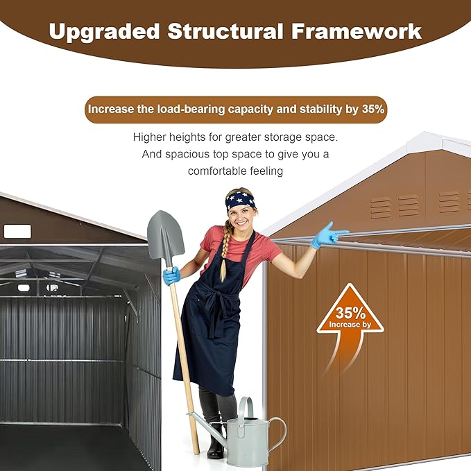 12x10 FT Outdoor Steel Storage Shed with Clear Windows, Sliding Lockable Door & Ventilation, Brown and White Weather-Resistant Metal Tool Shed for Garden, Backyard, Lawn, and Utility Storage