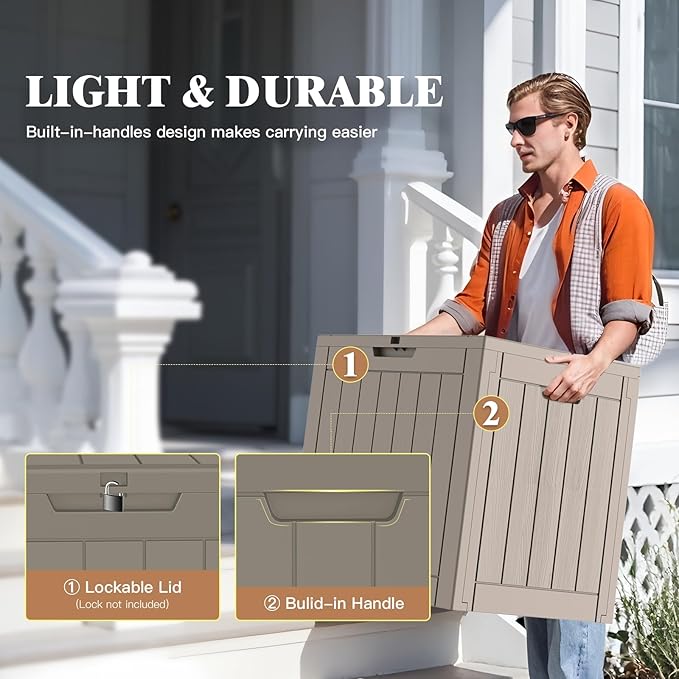 Outdoor Storage Box, 31 Gallon Waterproof Deck Box for Outdoor and Indoor, UV-Resistant Outside Storage with Lockable Lid for Patio, Pool, Garden Tools, Package Delivery, Grey