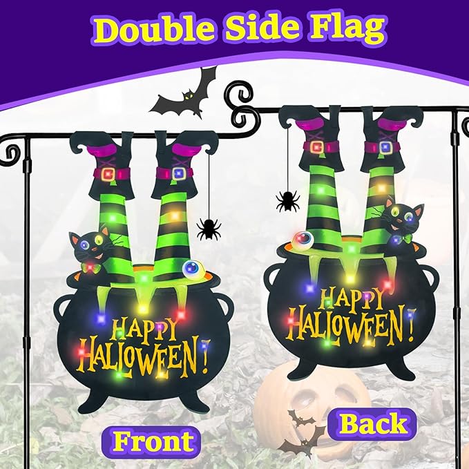 Halloween Lighted Garden Flag for Outside, Led Solar Yard Flag 8 Modes Witch Feet Shape Flag, 12x18 Double Sided Cauldron Eyeball Black Cat Decorations for Home Porch