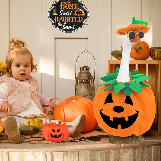 5 Pcs Halloween Porch Goose Outfits Pumpkin with Accessories Yard Garden Lawn Goose Clothes for Plastic Cement Goose Statue 23"Fall Pumpkin Porch Goose Costume set for Patio Outdoor Decoration