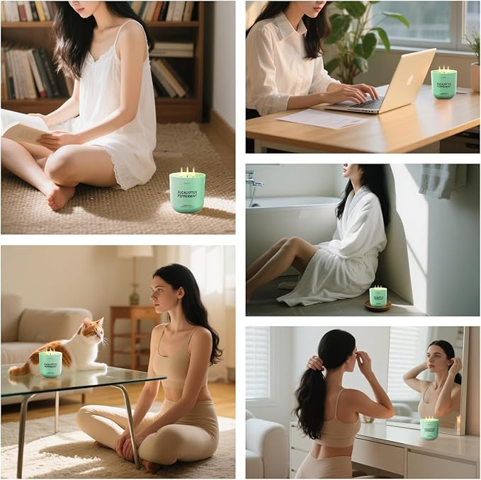 Eucalyptus Peppermint Scented Candle for Home, 14.2oz 80 Hours Long Lasting Aromatherapy Candles for Stress Relief & Energy, Non-Toxic Essential Oil & Soy Wax | Cooling Mint & Woody Aroma