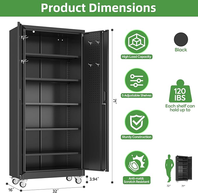 Garage Storage Cabinet with 5 Adjustable Shelves and Door Pegboard,Metal Storage Cabinet with Wheels for Garage Home,Required Assembly,Black, 71" H×32" W×16" D