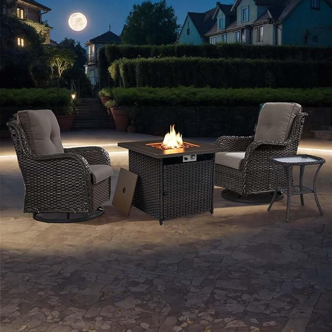 4 Pieces Patio Furniture Set with Fire Pit 50,000 BTU,Outdoor Swivel Rocker Chairs Set of 2 with PE Rattan Side Table,Wicker Outdoor Conversation Set with Rocking Chairs