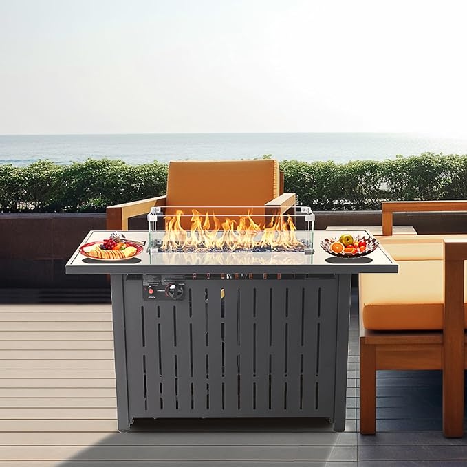 43 Inch Outdoor Propane Fire Pit Table 50,000 BTU, Rectangle Gas Fire Pit with Glass Wind Guard & Tempered Glass Top for Outside Patio & Backyard, Includes Rain Cover & Glass Beads