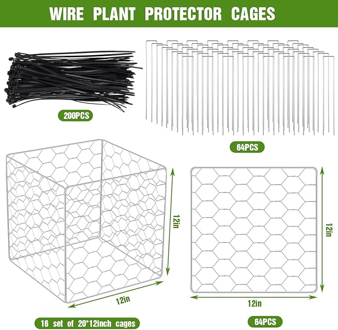 16 Set Wire Plant Protectors Square Wire Plant Cages Chicken Wire Cloche Mesh Plant Cage with 64 Ground Stakes and 200 Nylon Ties Protect Plants, Garden, Vegetables from Animals(12 x 12)