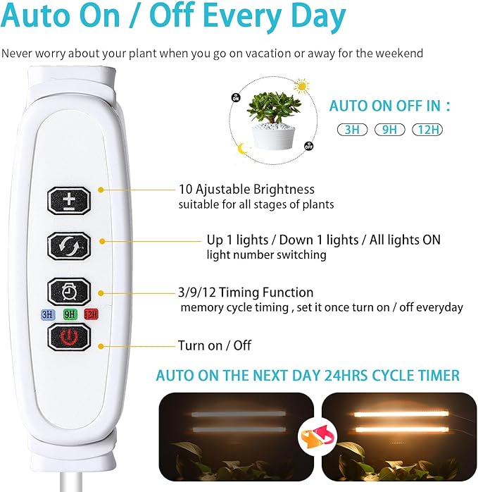 LED Grow Light Strips for Indoor Plants Full Spectrum 3500K, 96 LEDs Plant Light Bar with 3/9/12H Timer, 10 Dimmable Levels for Seedling Succulent, 13 Inches 2 Head