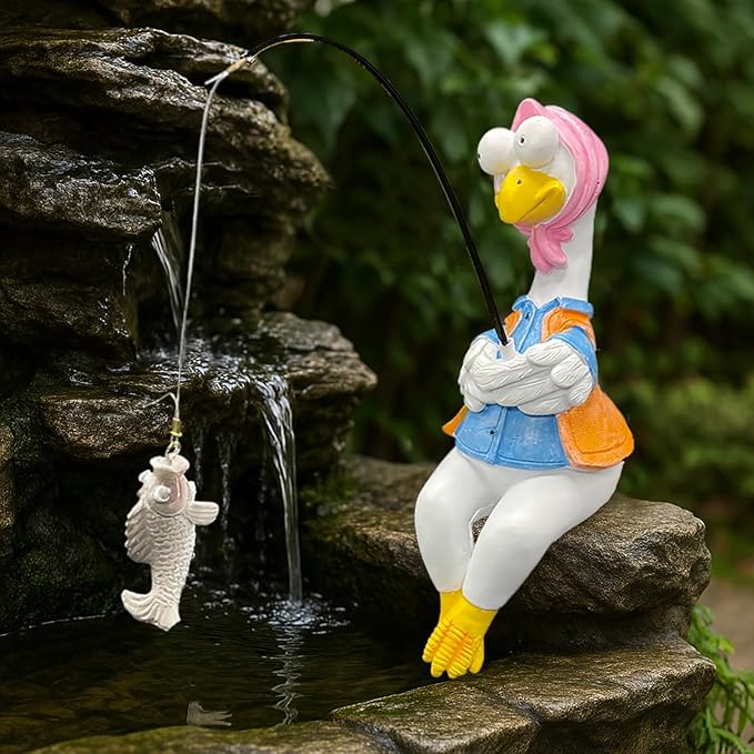 Chicken Fishing Statue Garden Decor – 9.8" Weatherproof Resin Chicken Fishing Sculpture Decor for Fish Ponds, Koi Ponds, Waterfalls, Poolside/Outdoor Gardens– Resin Figurine for Indoor/Outdoor Décor