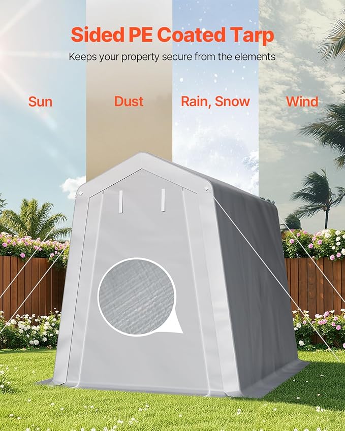 VEVOR 6x8x7 FT Portable Outdoor Storage Shed, Heavy-Duty Waterproof Shelter with Roll-Up Zipper Door & Vents, UV-Resistant Carport for Motorcycle, Bike, Lawn Mower, Tools, Gray