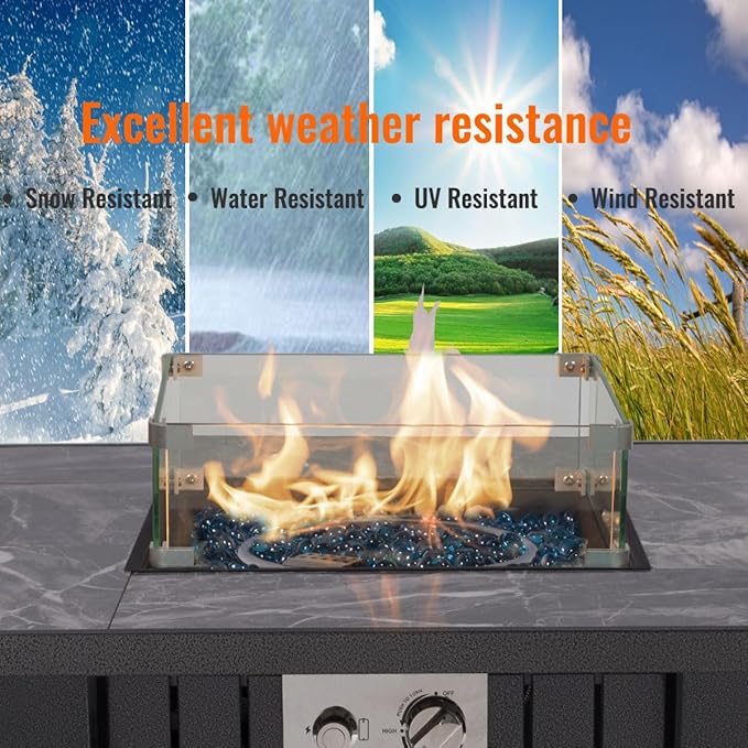 32'' Propane Fire Pit Table, Marble Tile Ceramic Tabletop with Glass Wind Guard, 50,000 BTU Fire Table with Inclined Leg and Art Powder Design, Blue Glass Rocks, Including Lid&Cover, Grey